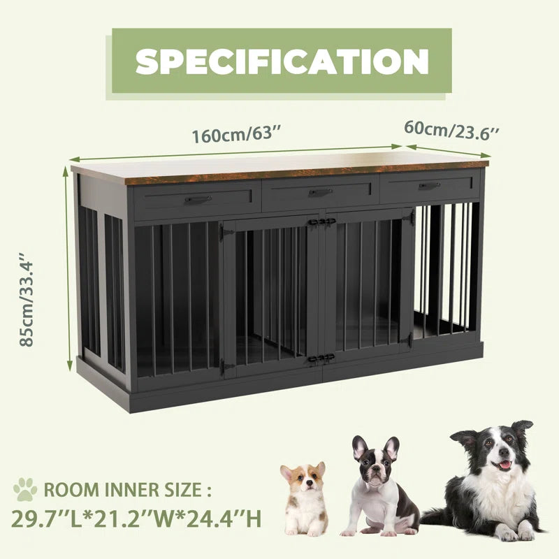 63'' Large Double Dog Crate Kennel Furniture with Divider and 3 Drawers for 2 Medium Animals Indoor