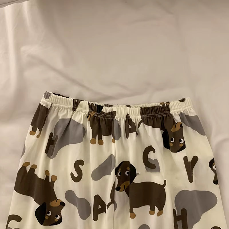Spring Summer 2024 Cute Women'S Pajamas Set Dachshund Print Cotton Two Pieces Short Sleeve Tops Full Length Pants Sleepwear 3991