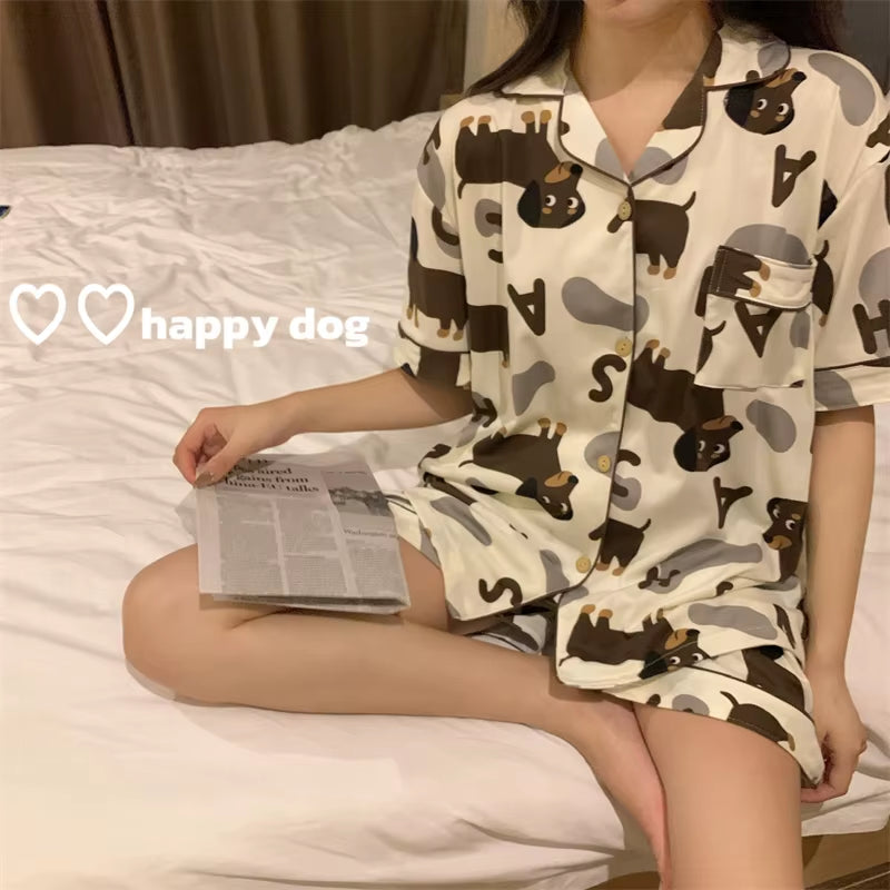 Spring Summer 2024 Cute Women'S Pajamas Set Dachshund Print Cotton Two Pieces Short Sleeve Tops Full Length Pants Sleepwear 3991