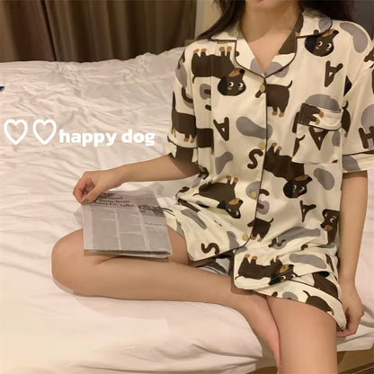 Spring Summer 2024 Cute Women'S Pajamas Set Dachshund Print Cotton Two Pieces Short Sleeve Tops Full Length Pants Sleepwear 3991