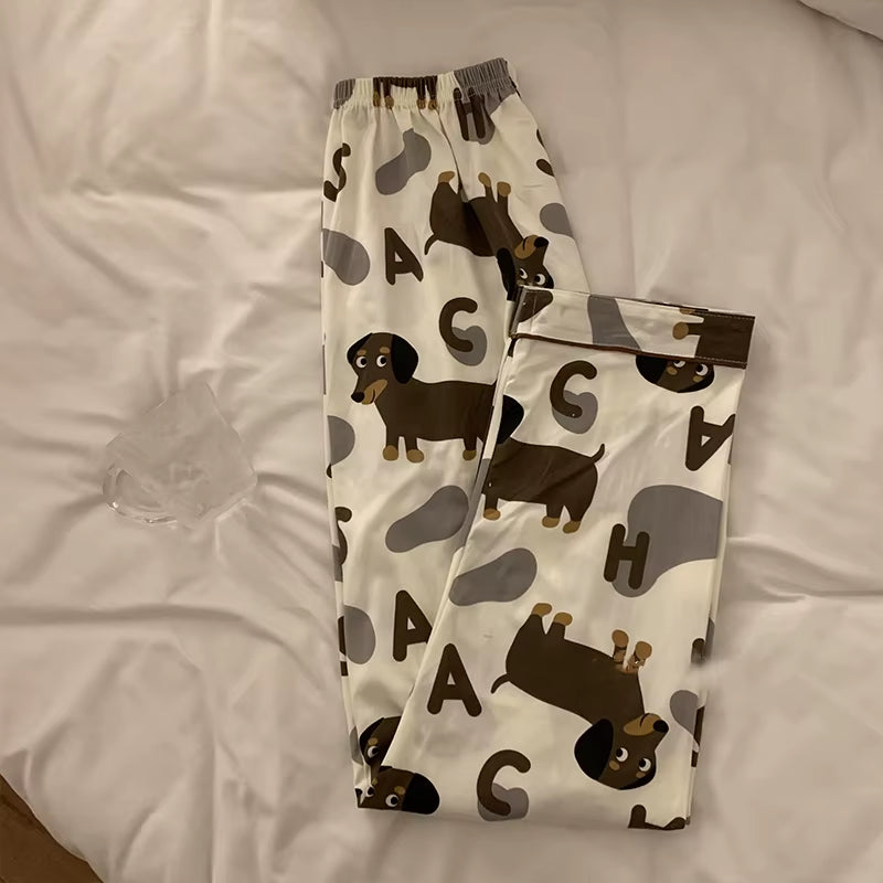 Spring Summer 2024 Cute Women'S Pajamas Set Dachshund Print Cotton Two Pieces Short Sleeve Tops Full Length Pants Sleepwear 3991