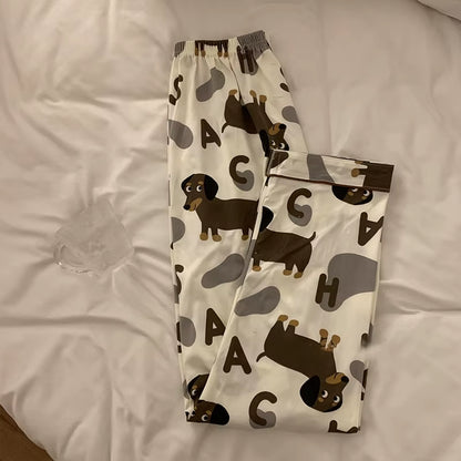 Spring Summer 2024 Cute Women'S Pajamas Set Dachshund Print Cotton Two Pieces Short Sleeve Tops Full Length Pants Sleepwear 3991