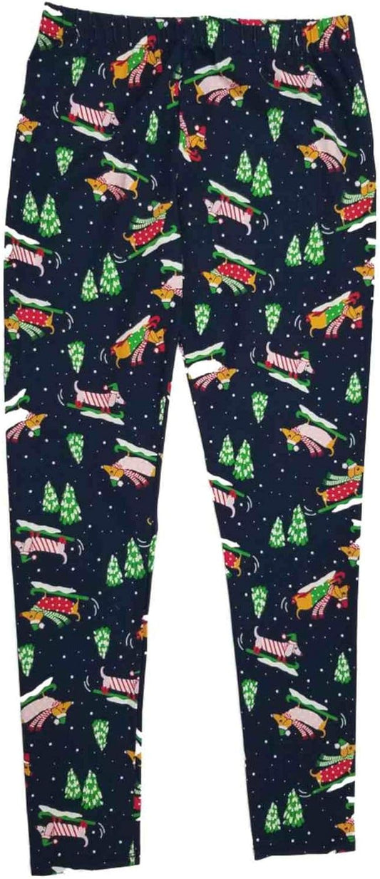Junior Womens Blue Sled Wiener Dog Dachshund Christmas Holiday Leggings
