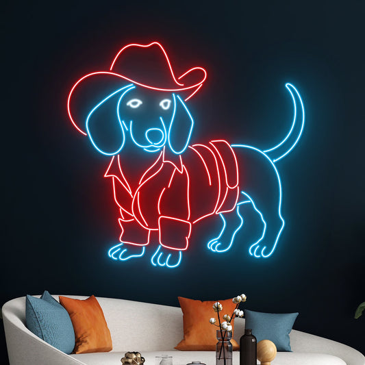 Cowboy Dachshund Neon Sign, Dachshund Cowboy Hat Neon Light, Western Dachshund