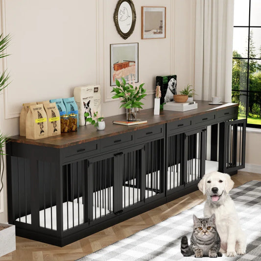 63'' Large Double Dog Crate Kennel Furniture with Divider and 3 Drawers for 2 Medium Animals Indoor