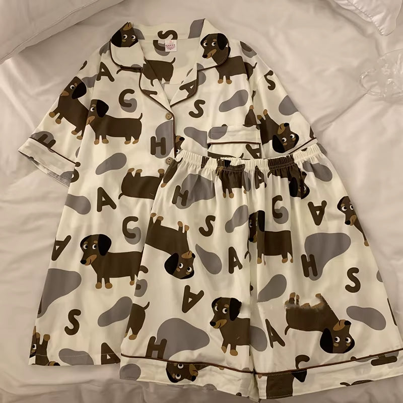 Spring Summer 2024 Cute Women'S Pajamas Set Dachshund Print Cotton Two Pieces Short Sleeve Tops Full Length Pants Sleepwear 3991