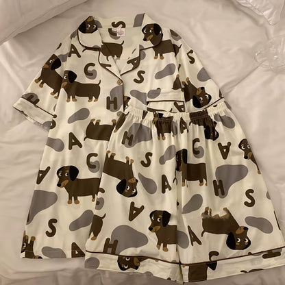 Spring Summer 2024 Cute Women'S Pajamas Set Dachshund Print Cotton Two Pieces Short Sleeve Tops Full Length Pants Sleepwear 3991