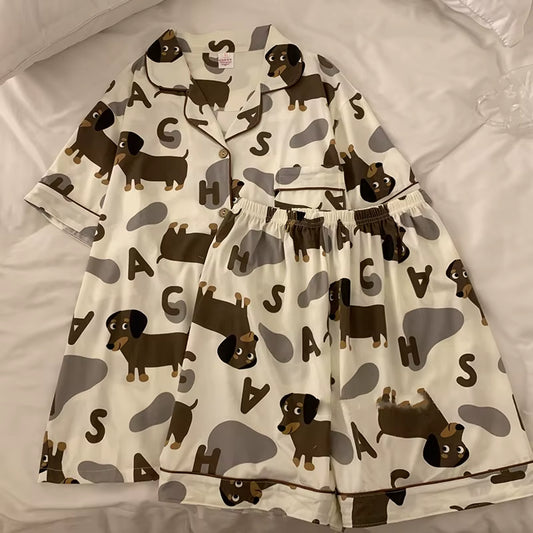 Spring Summer 2024 Cute Women'S Pajamas Set Dachshund Print Cotton Two Pieces Short Sleeve Tops Full Length Pants Sleepwear 3991