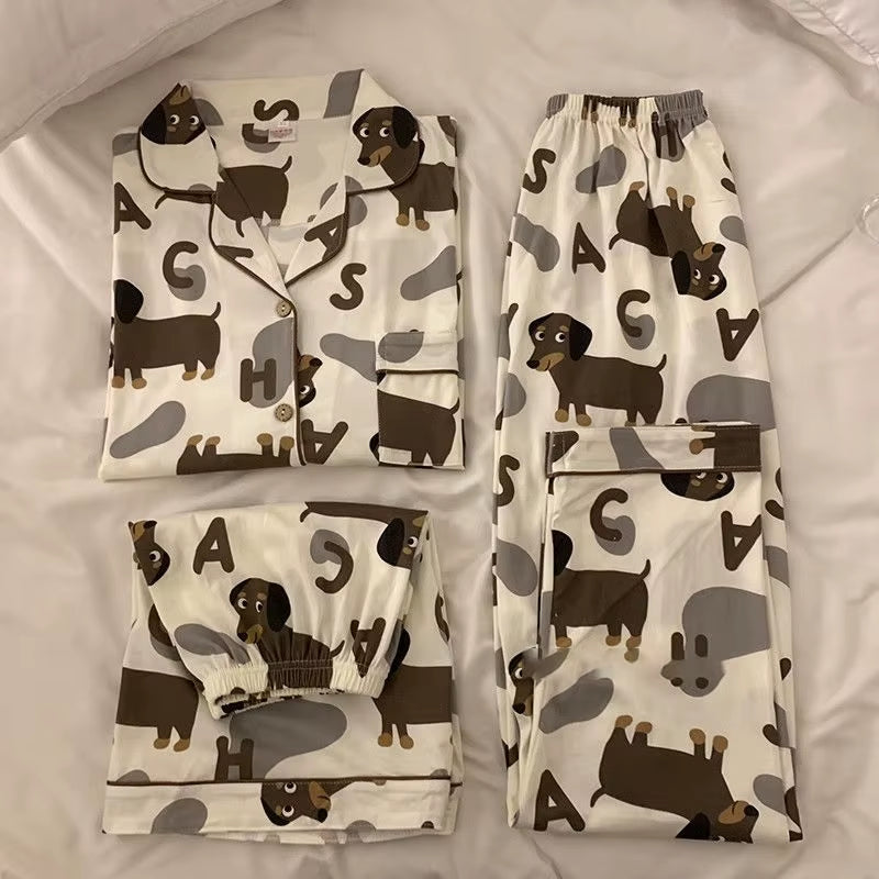 Spring Summer 2024 Cute Women'S Pajamas Set Dachshund Print Cotton Two Pieces Short Sleeve Tops Full Length Pants Sleepwear 3991