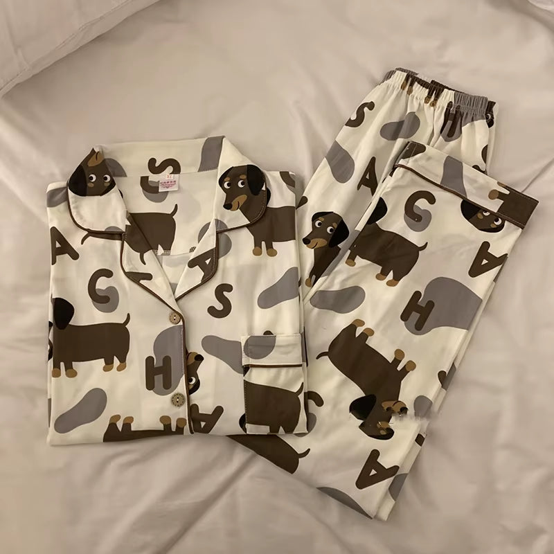 Spring Summer 2024 Cute Women'S Pajamas Set Dachshund Print Cotton Two Pieces Short Sleeve Tops Full Length Pants Sleepwear 3991