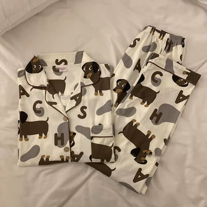 Spring Summer 2024 Cute Women'S Pajamas Set Dachshund Print Cotton Two Pieces Short Sleeve Tops Full Length Pants Sleepwear 3991